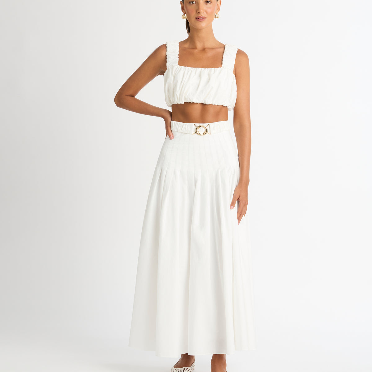 Montana Skirt White | A-line Pleated Midi Skirt | SHEIKE