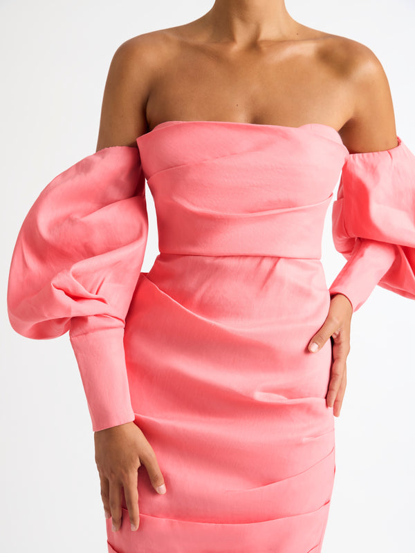 ISOLA MIDI DRESS IN CORAL CLOSE UP WITH SLEEVES
