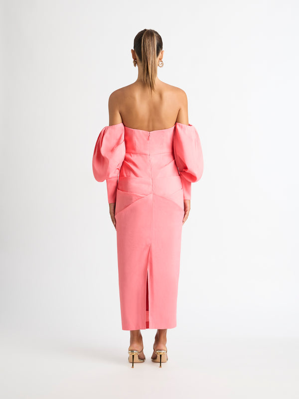 ISOLA MIDI DRESS IN CORAL BACK SHOT WITH SLEEVES