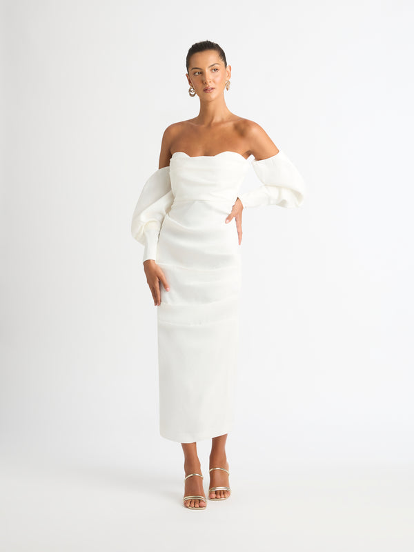 ISOLA MIDI DRESS IN PORCELAIN FRONT SHOT WITH SLEEVES 