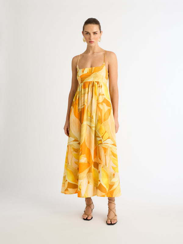 AMBER LEAVES MAXI DRESS PRINT FRONT SHOT STYLED 
