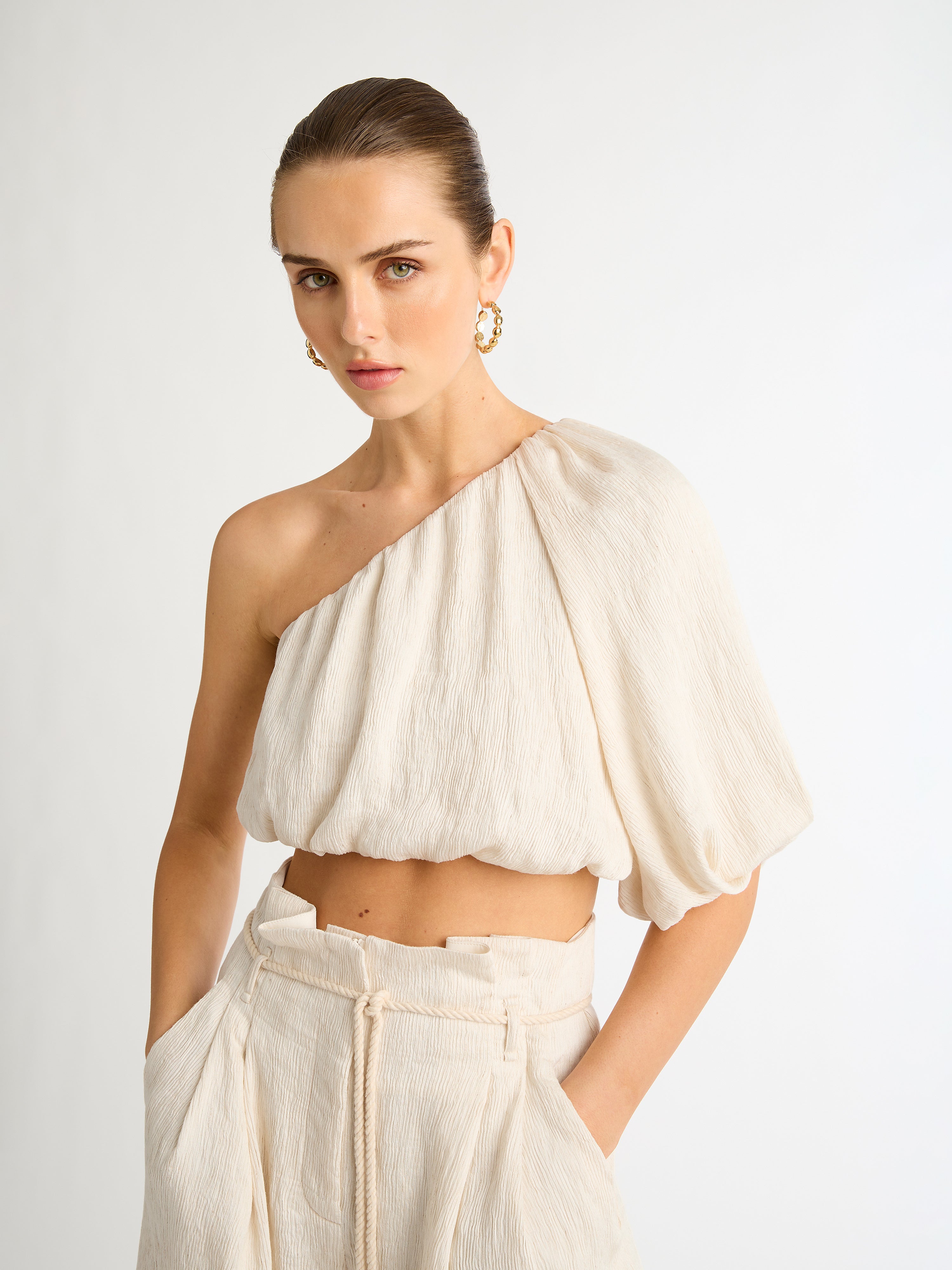 Delia Top Ecru One shoulder Crop Top SHEIKE