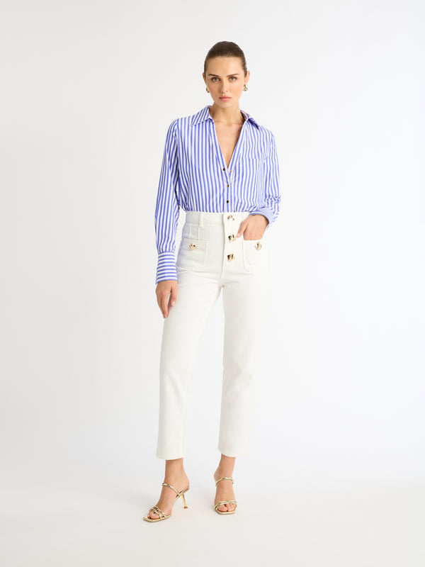 STEVIE SHIRT IN STRIPE BLUE STYLED IMAGE TUCKED IN