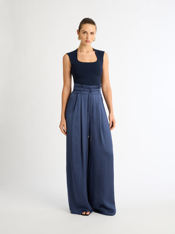 GRACIE PANT IN NAVY FRONT STYLED SHOT