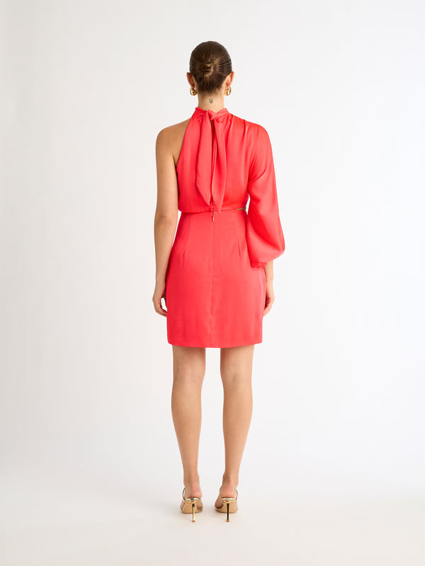 JULIET ONE SLEEVE MINI DRESS IN RED BACK IMAGE