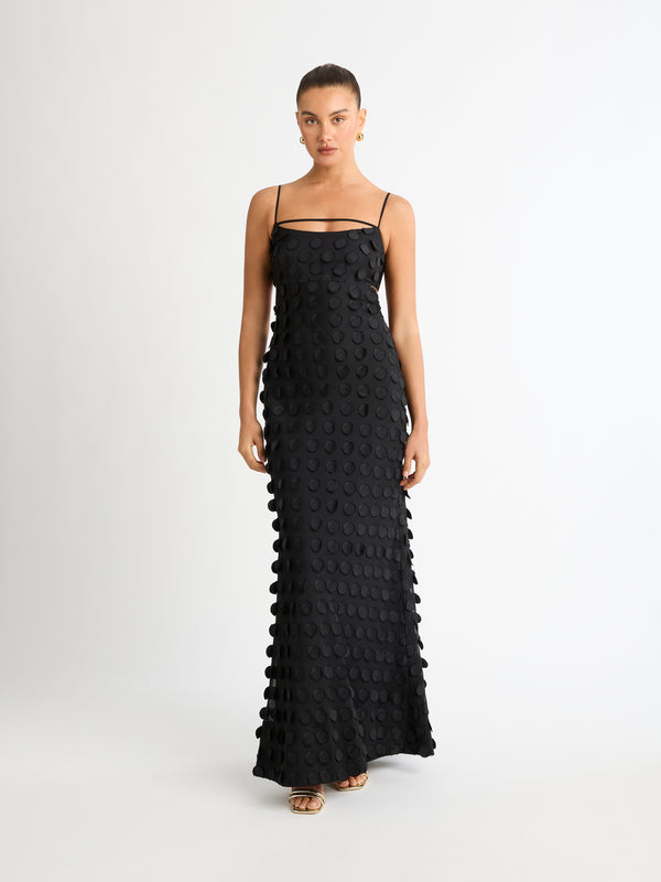 ESCAPE MAXI DRESS BLACK FRONT STYLED IMAGE