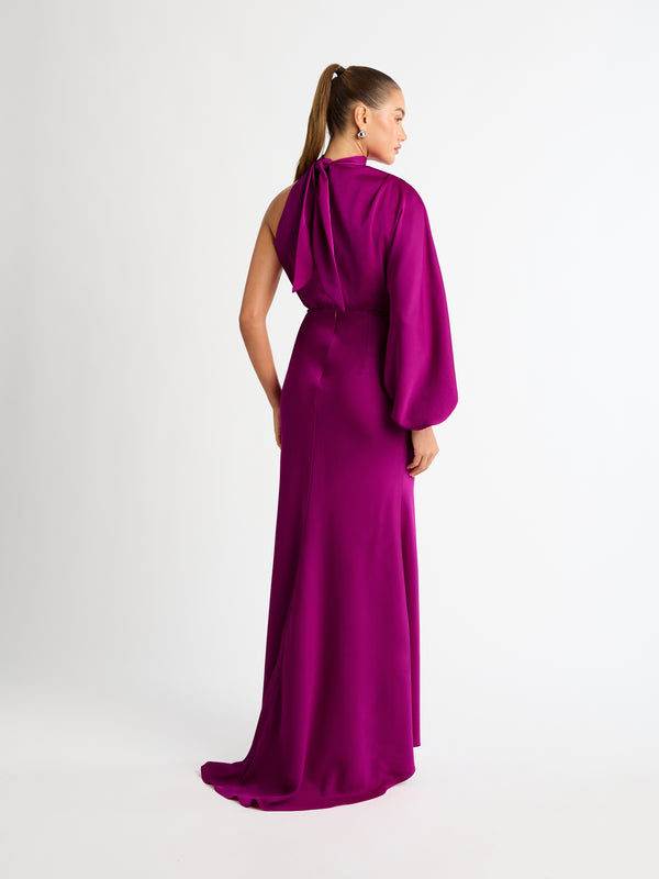 OLIVIA GOWN ONE SLEEVE DRESS WITH TRAIN HEM BACK DETAIL IMAGE