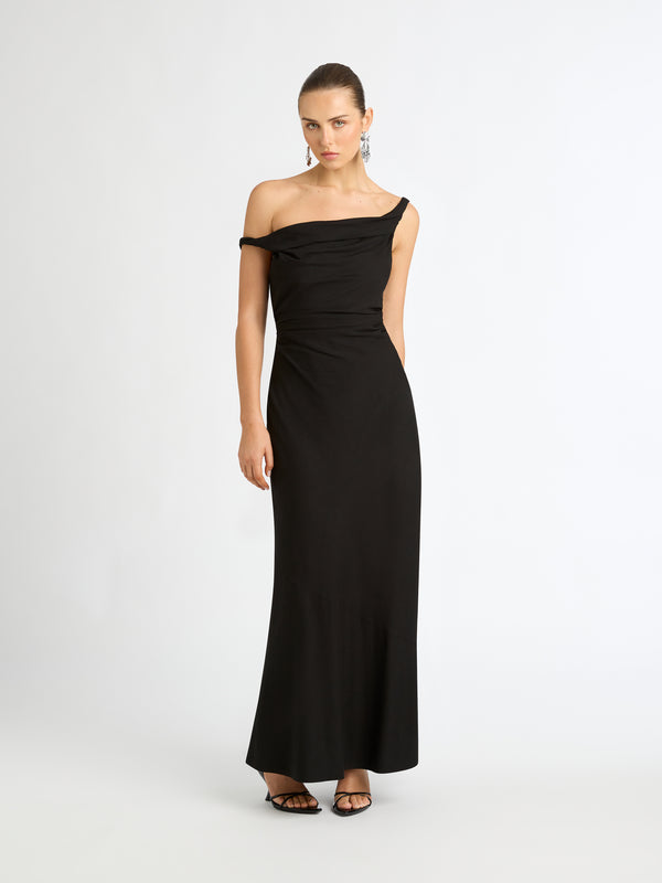 ANGELINA MIDI DRESS IN BLACK WITH TWISTED STRAPS FRONT IMAGE