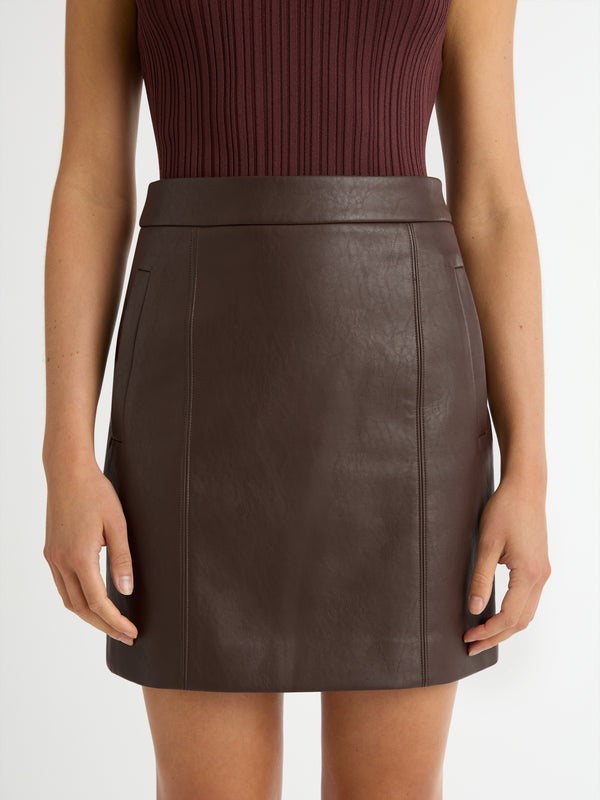 RIVAL FAUX LEATHER MINI SKIRT IN CHOCOLATE DETAILED IMAGE