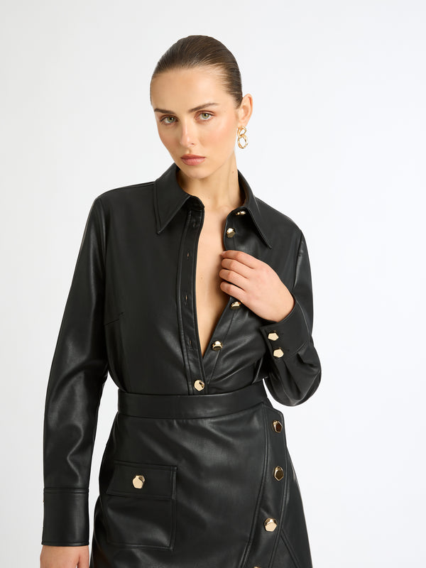 JAMIE FAUX LEATHER SHIRT IN BLACK DETAIL IMAGE