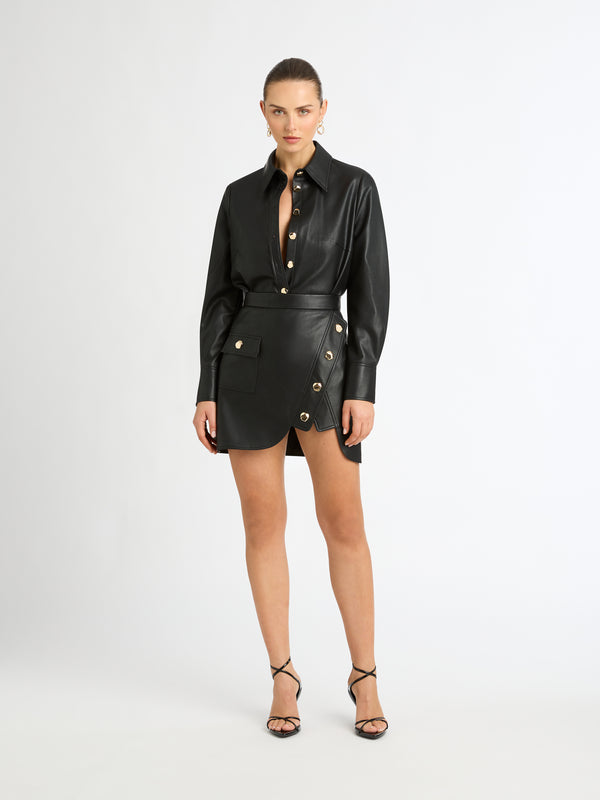 JAMIE FAUX LEATHER SHIRT IN BLACK FRONT IMAGE