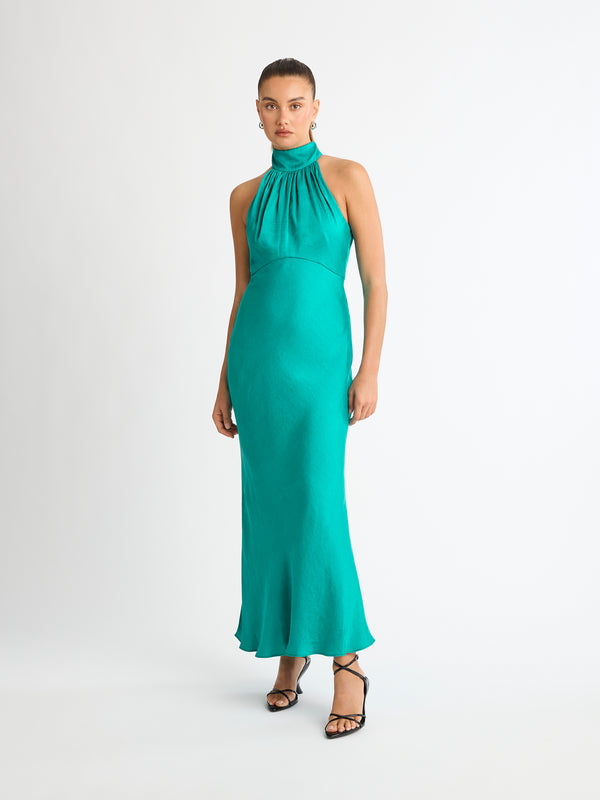 ESTELLA DRESS IN JADE FRONT IMAGE STYLED