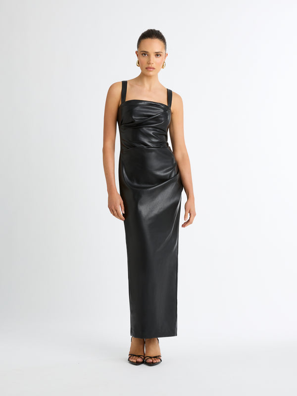 AMSTERDAM FAUX LEATHER MAXI DRESS IN BLACK FRONT IMAGE SAMMY