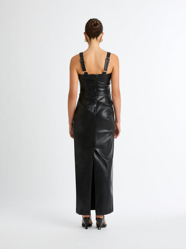 AMSTERDAM FAUX LEATHER MAXI DRESS IN BLACK BACK IMAGE