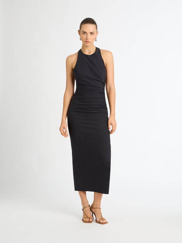 ENVY MIDI DRESS IN MIDNIGHT FRONT IMAGE