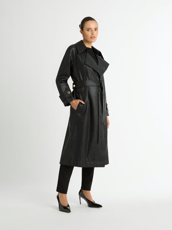 RAPTURE PU TRENCH IN BLACK FRONT STYLED IMAGE