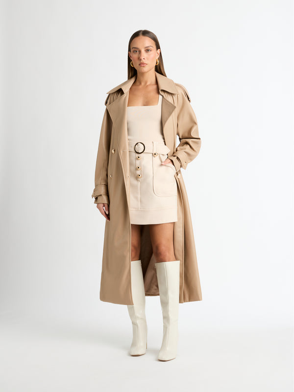 SOLAR TRENCH COAT ALMOND FRONT IMAGE STYLED