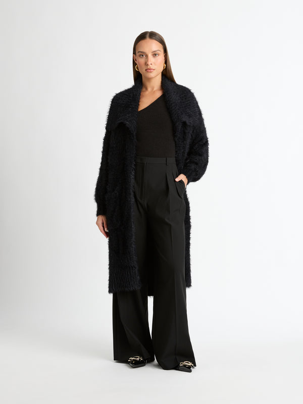 SYBIL LONG CARDI BLACK FRONT IMAGE STYLED