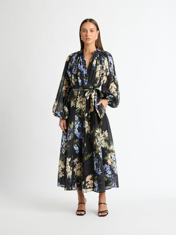 WOODLAND FLORAL MAXI DRESS FRONT IMAGE STYLED