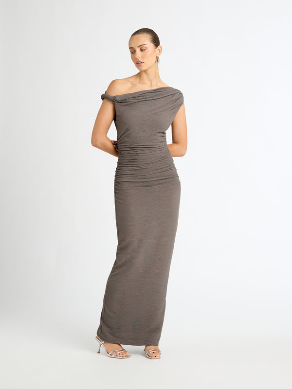 ATHENA DRESS IN GREY FRONT IMAGE STYLED