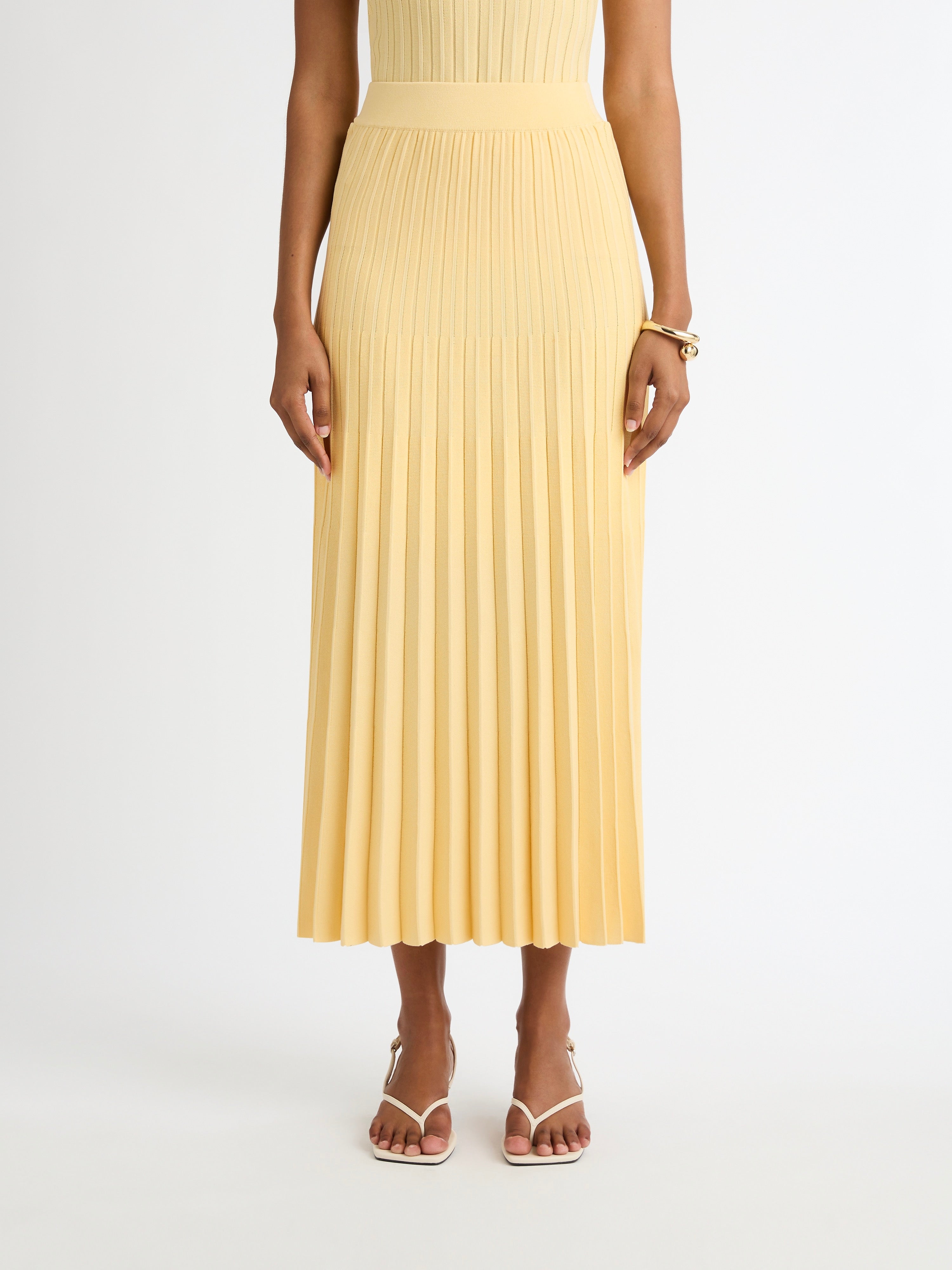 Midi Skirt Outfit Yellow Pleated Flare Skirt Lemon Bandeau Pleated
