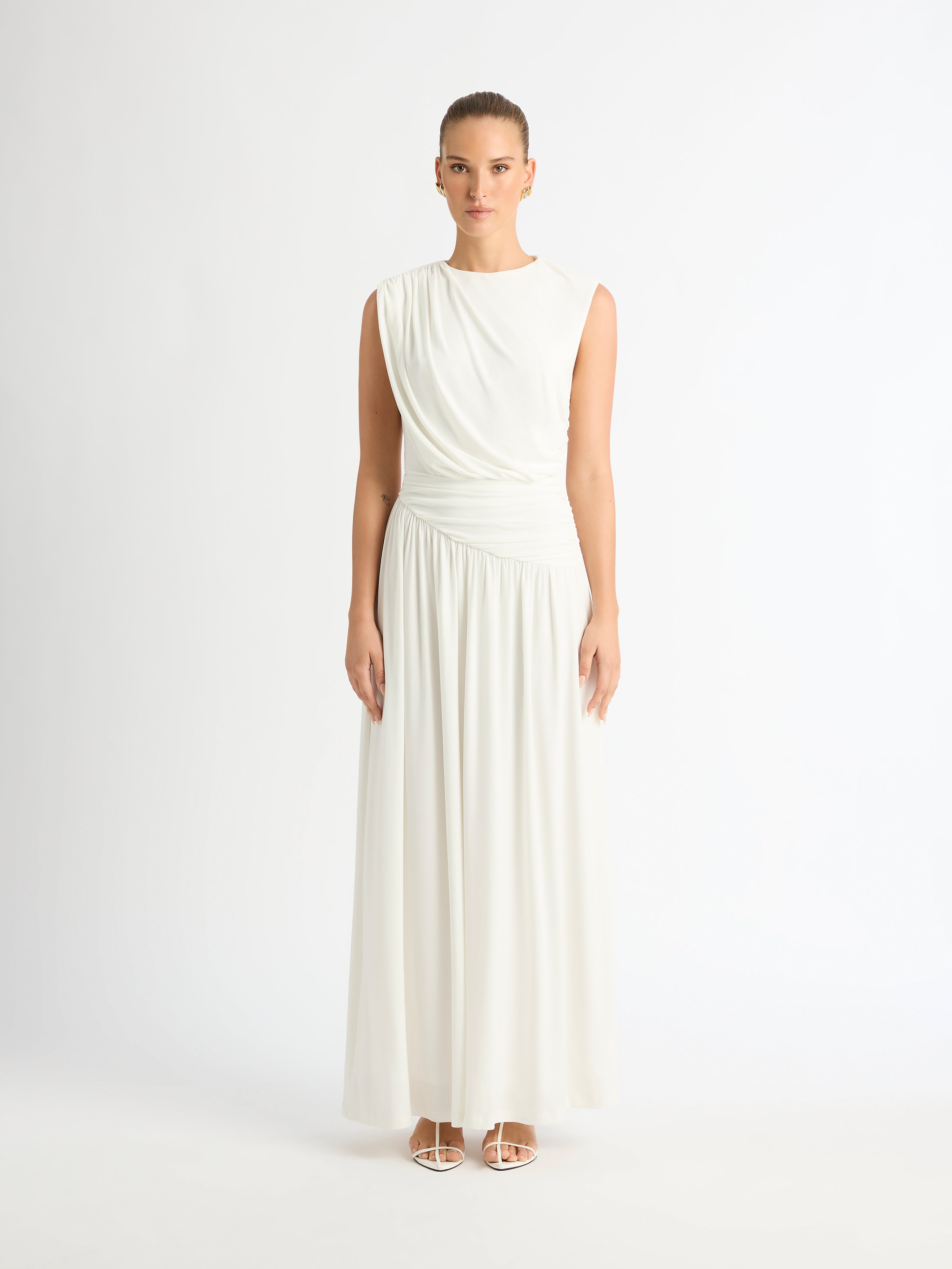 Milos Maxi Dress White | Stretch Ruched Maxi | SHEIKE