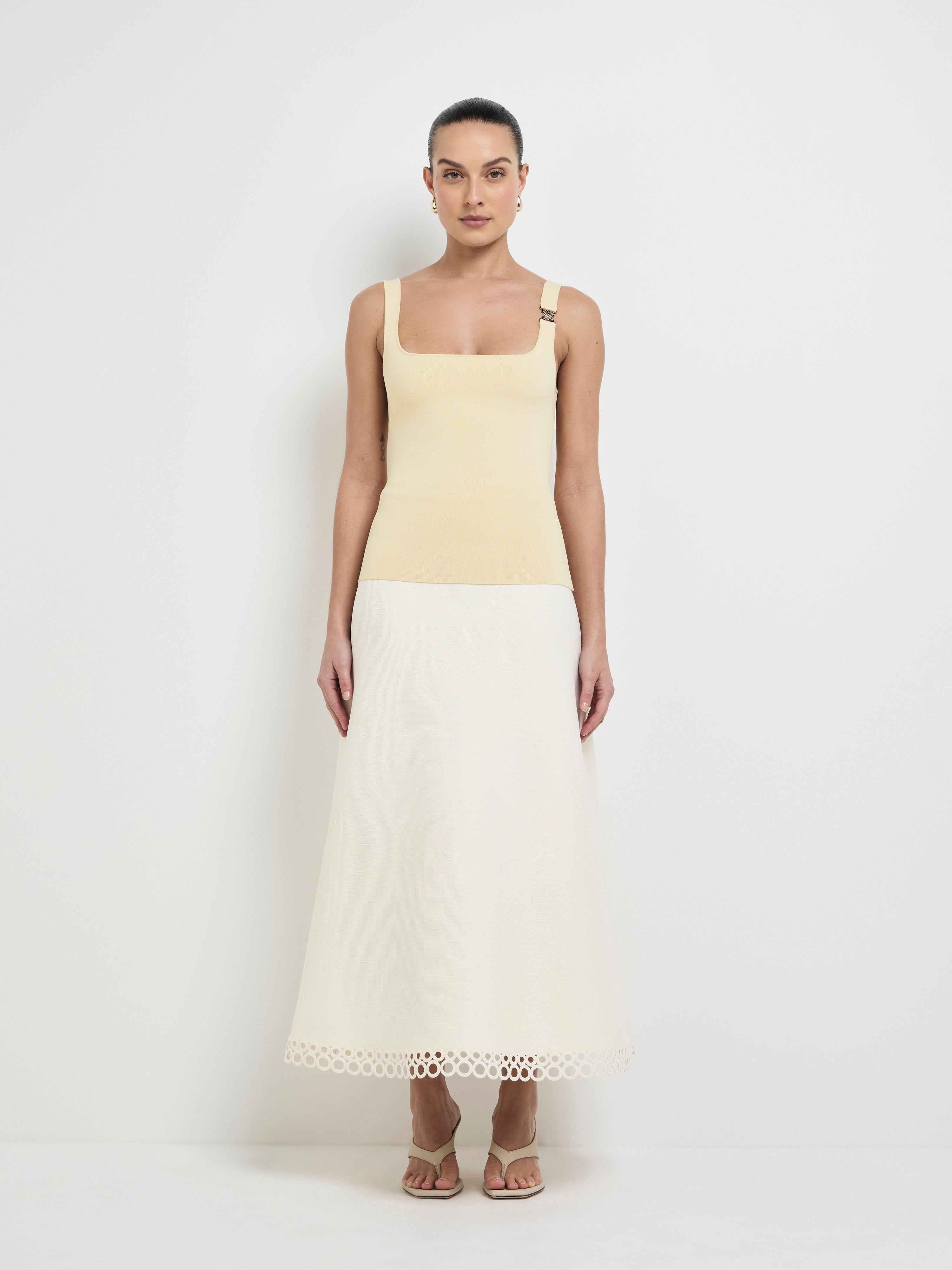 Stephanie Skirt Ivory | A-line Knit Midi Skirt | SHEIKE