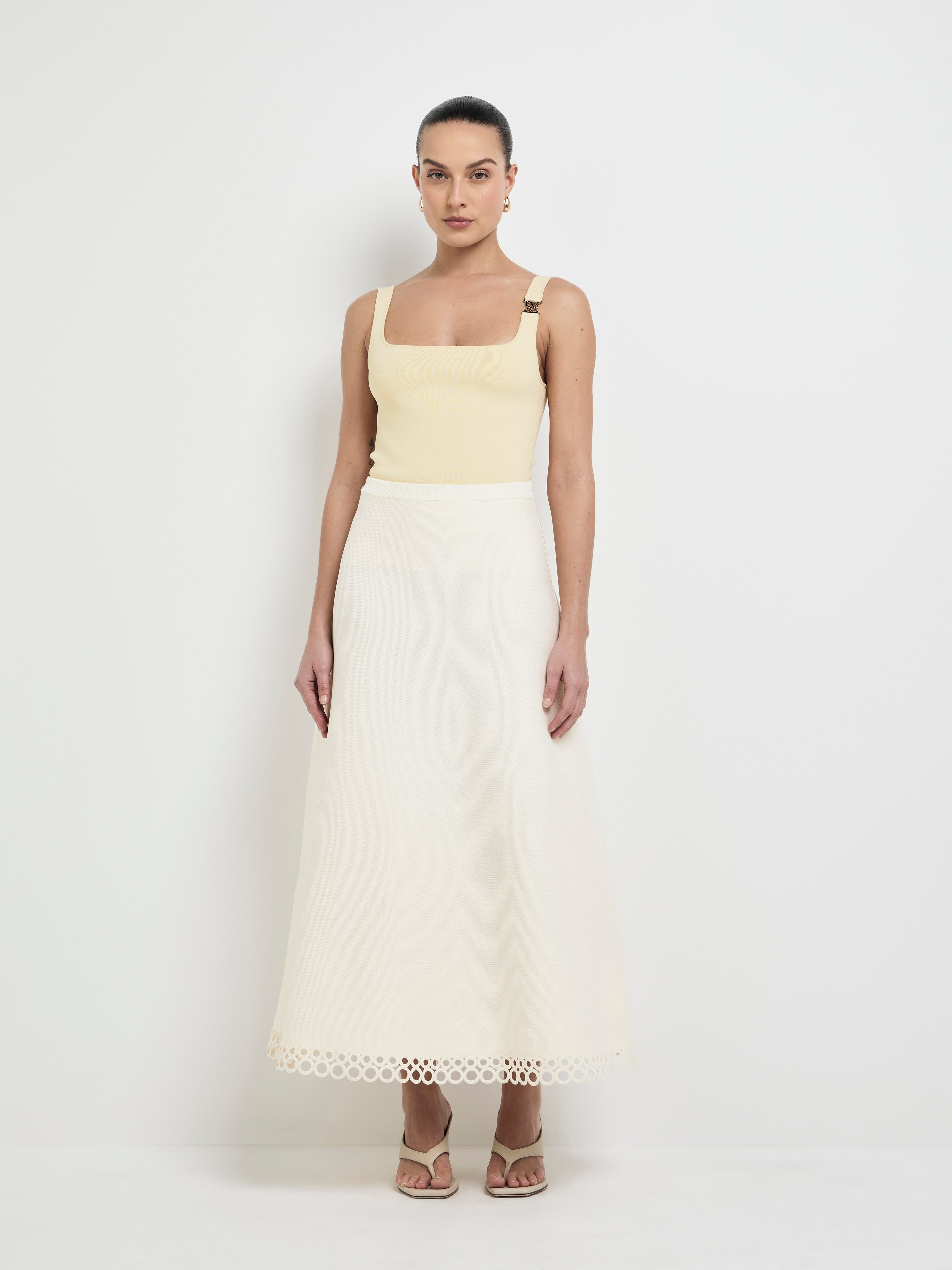 Stephanie Skirt Ivory | A-line Knit Midi Skirt | SHEIKE