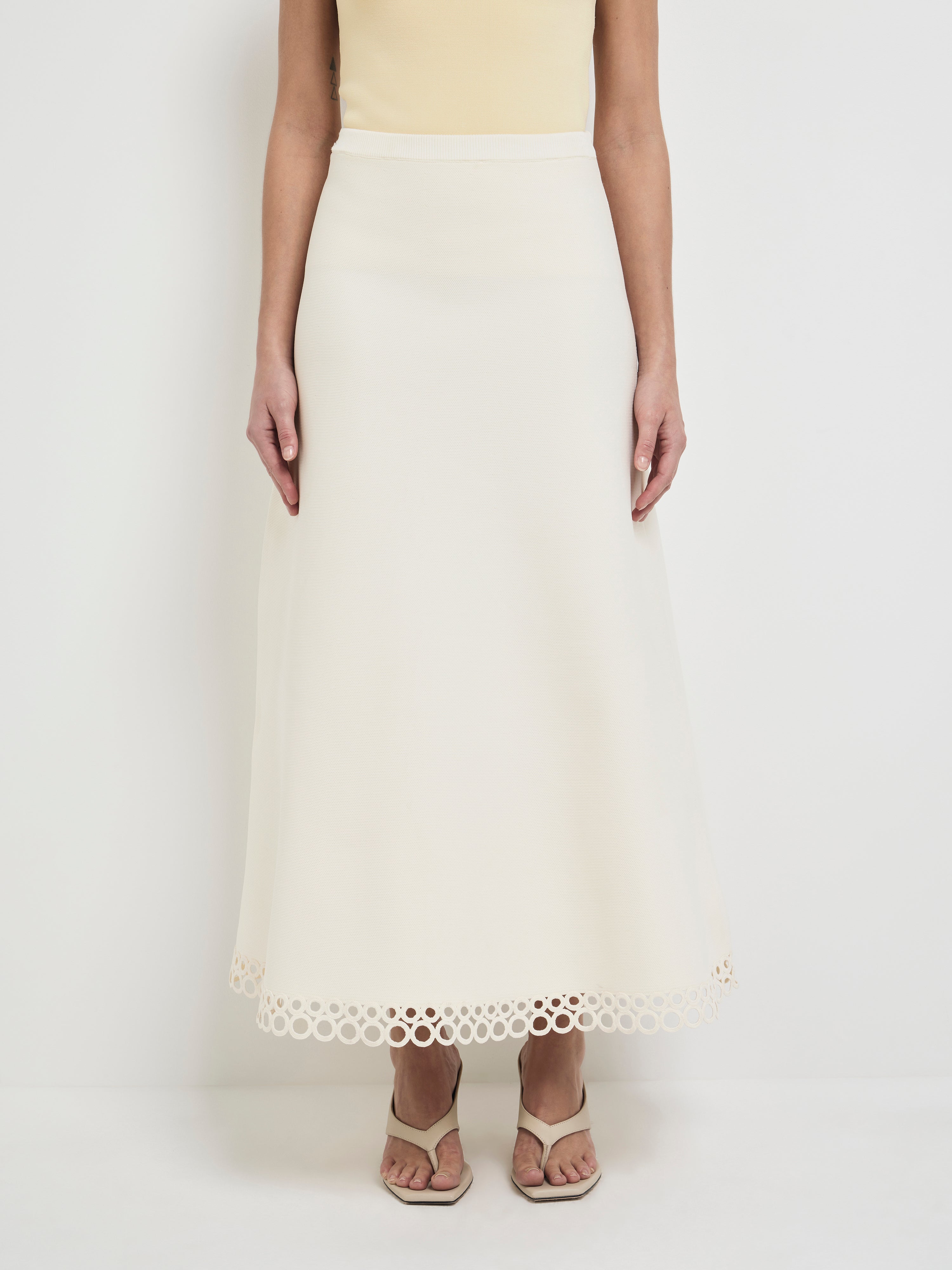 Stephanie Skirt Ivory | A-line Knit Midi Skirt | SHEIKE