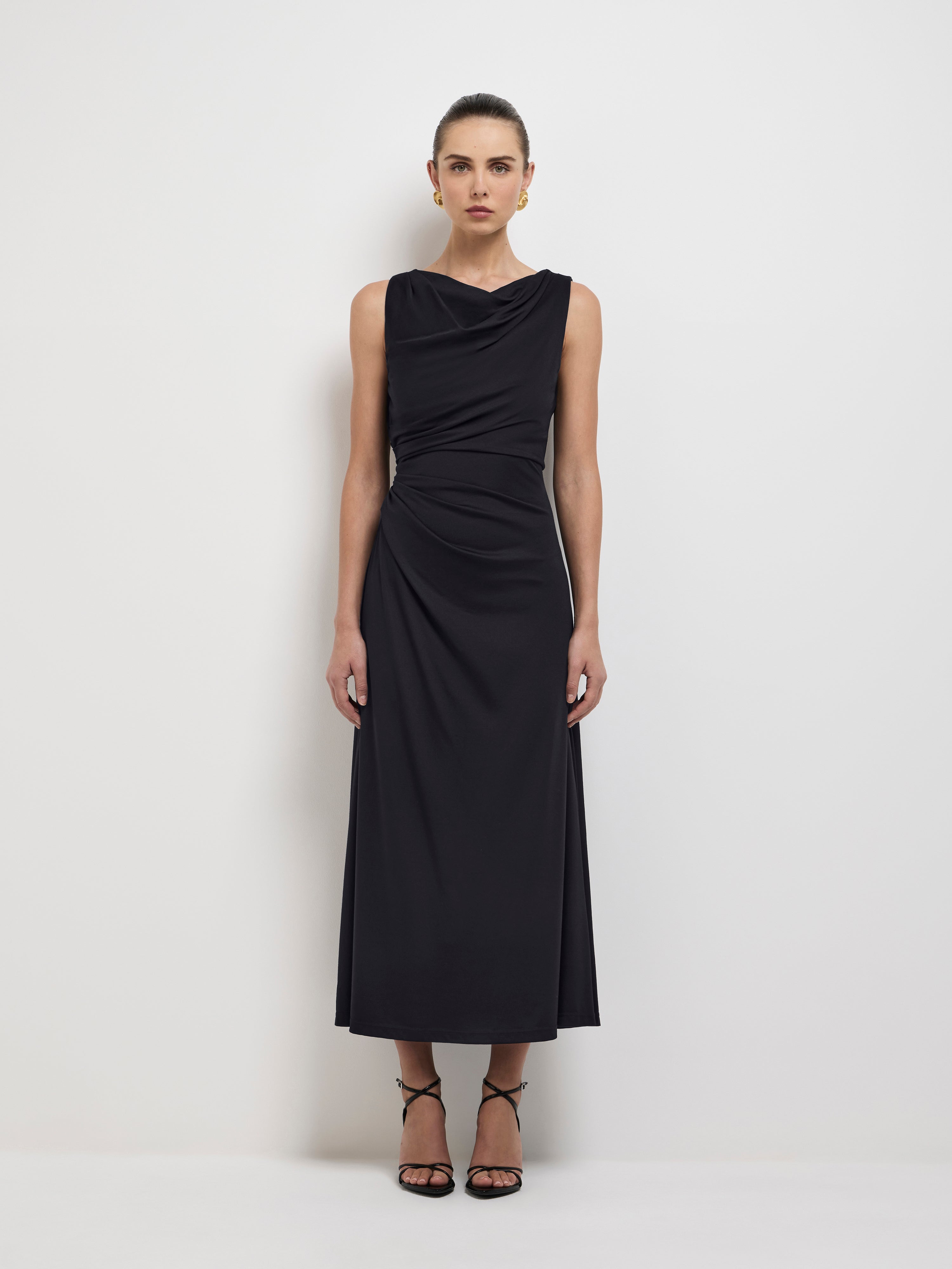 Amazon Midi Dress Black | Cowl Neck Dress