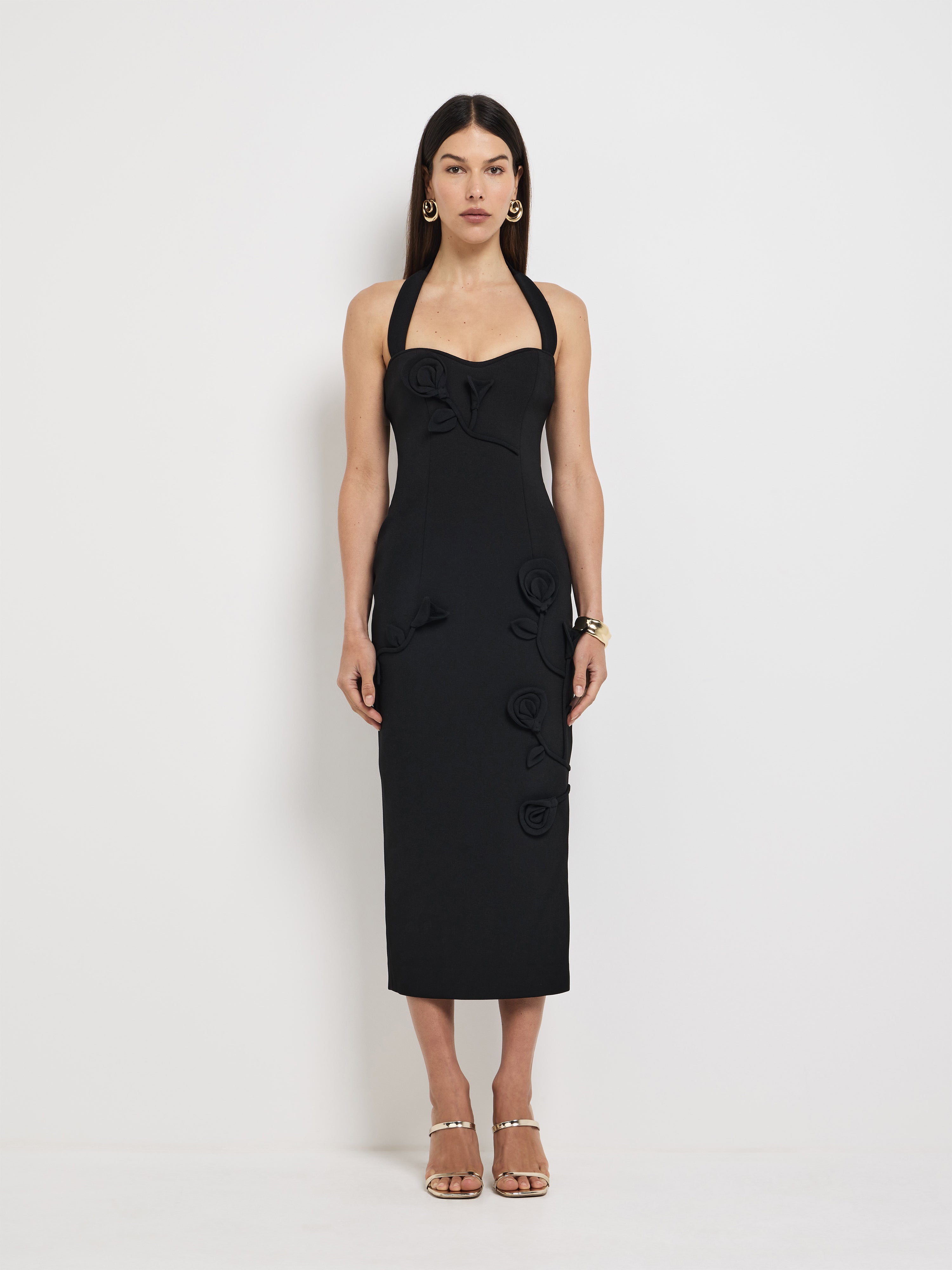 maya midi dress primrose black Maya Midi Dress Black | 3D Floral Applique Dress