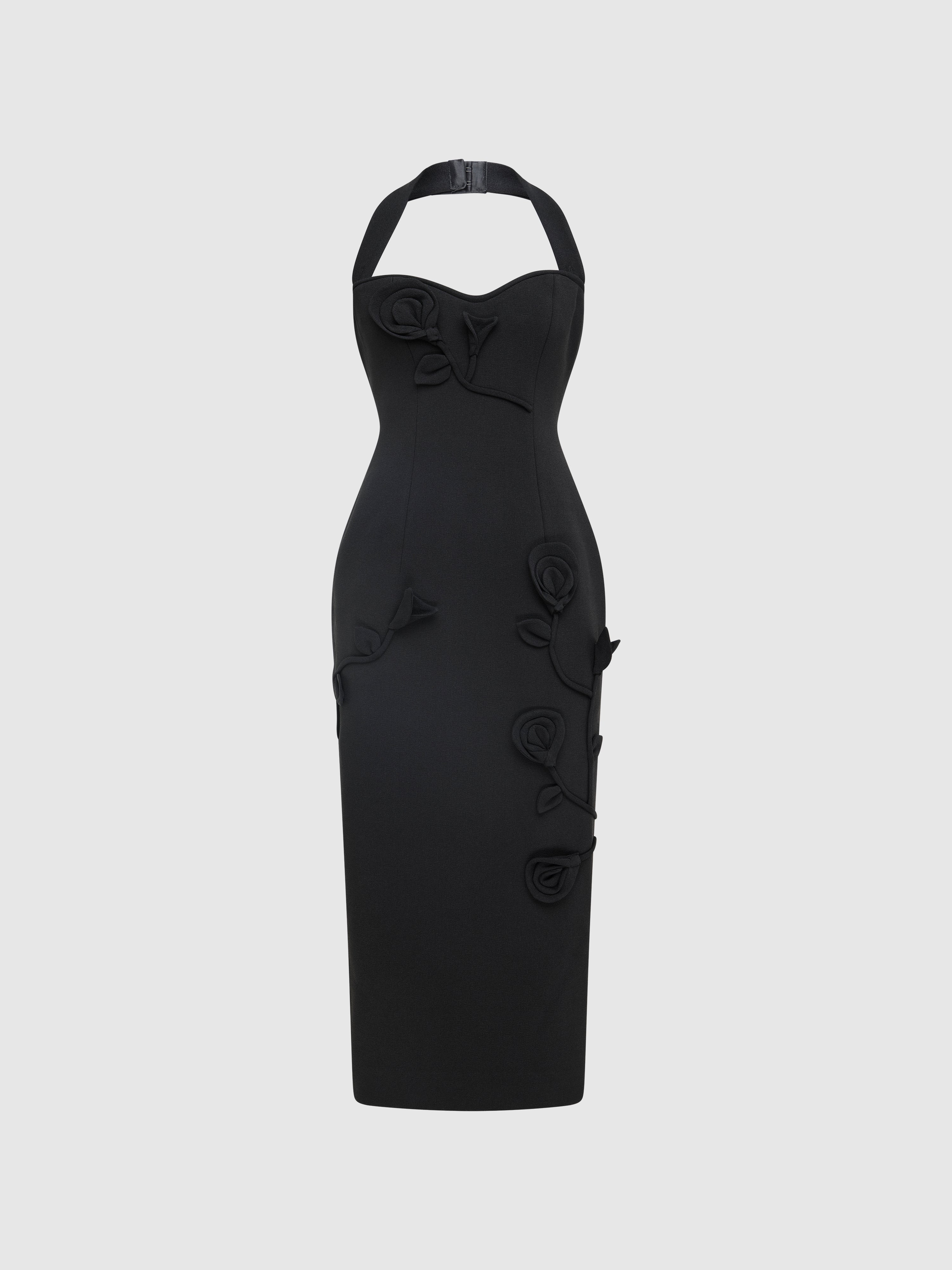 maya midi dress primrose black Maya Midi Dress Black | 3D Floral Applique Dress