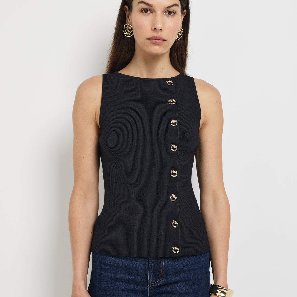 Ching High Neck L S Knit Top Oatmeal Detail Black main image 1