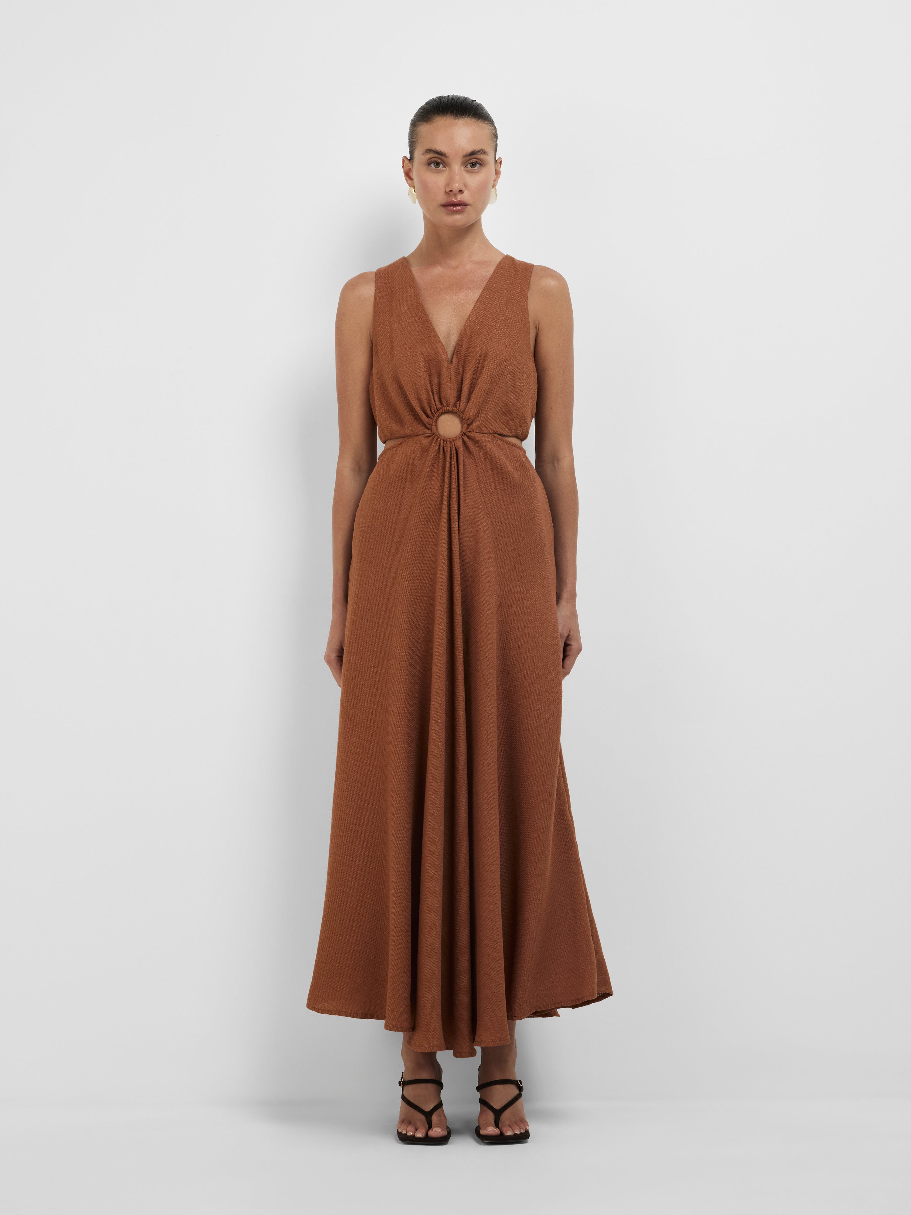 Nomi Midi Dress Caramel | Cutout Midi Dress | SHEIKE