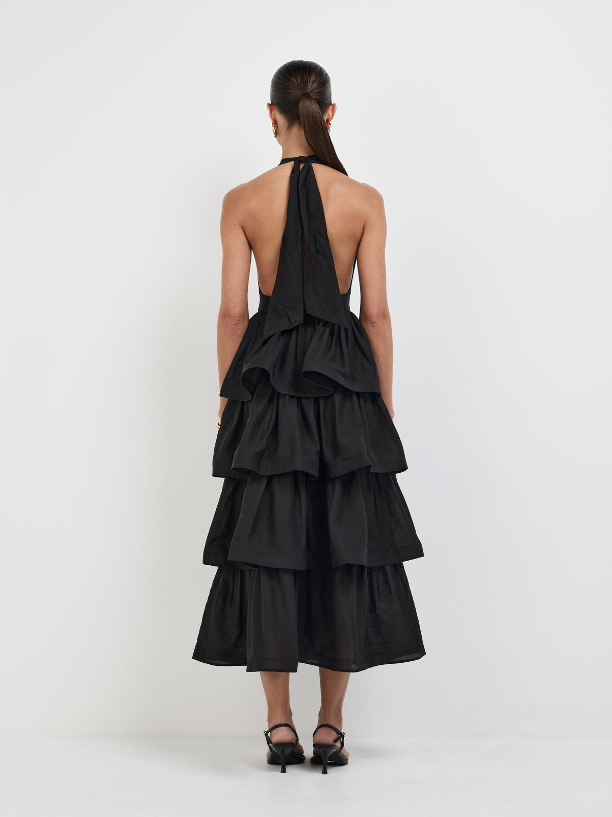 Ravello Dress Black | Tiered Halter Midi | SHEIKE