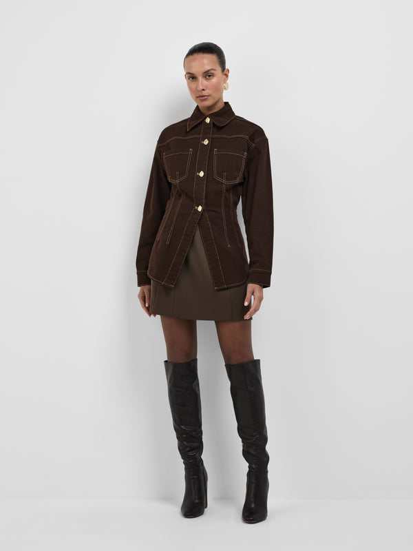 SHEIKE Emery Mini Skirt Chocolate 1008490 Styled Front Image