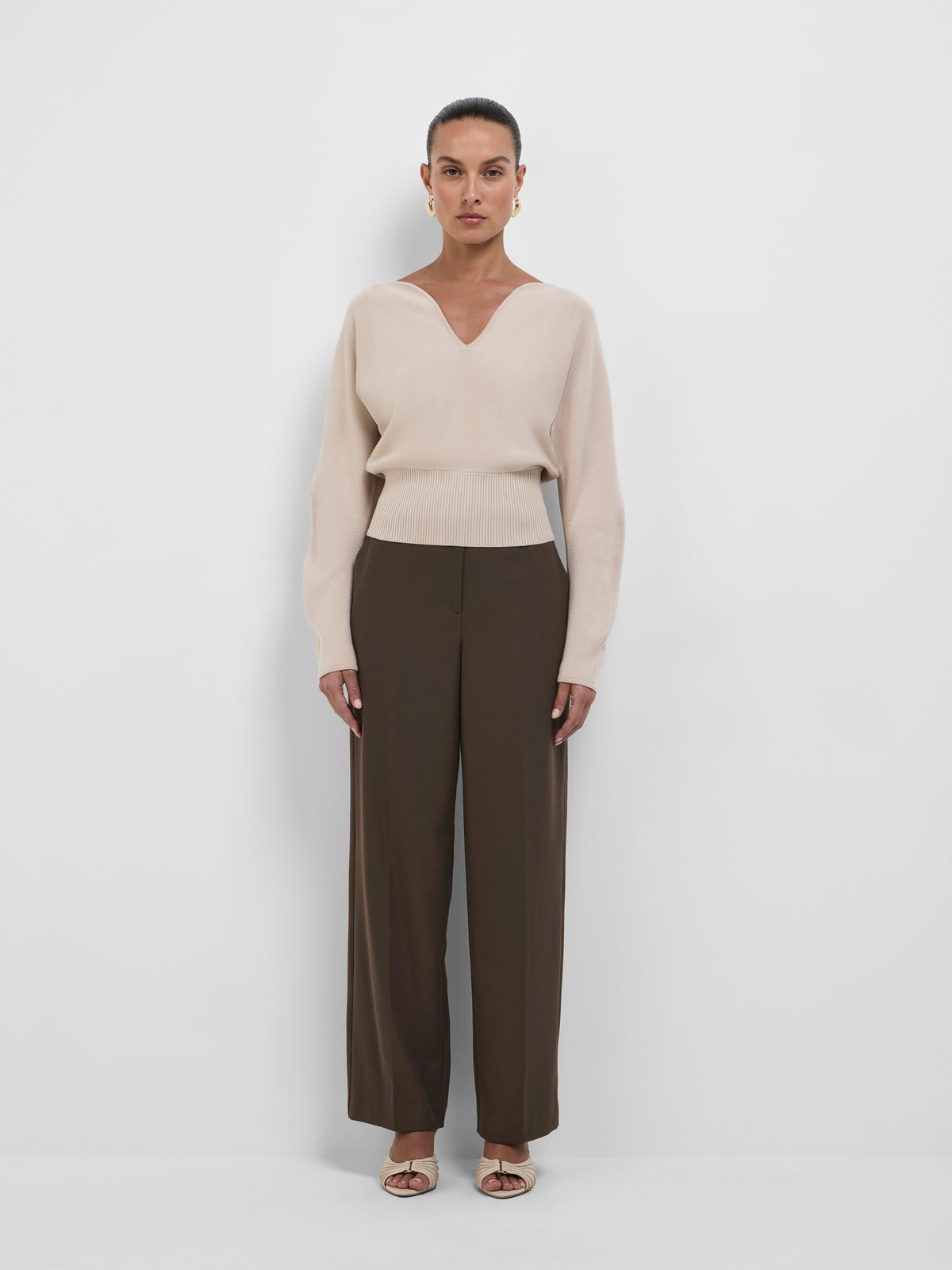 Daphne Knit Top Fawn | V Neck Knit Top | SHEIKE
