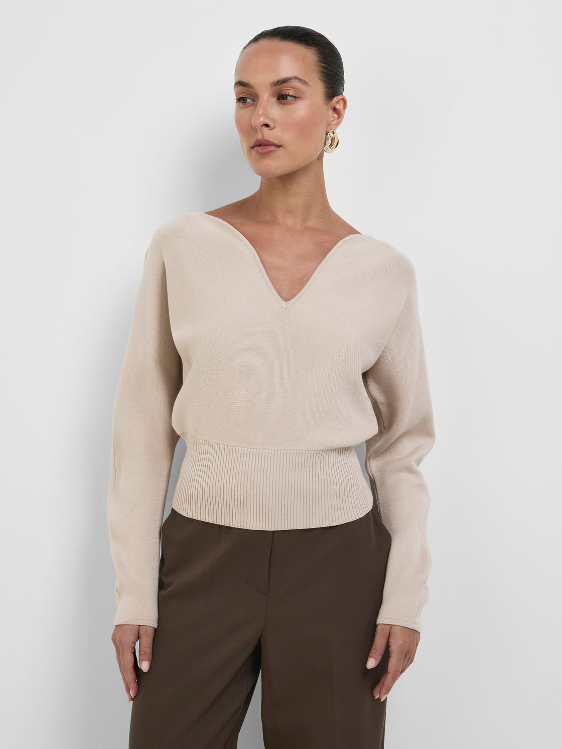 Daphne Knit Top Fawn | V Neck Knit Top | SHEIKE
