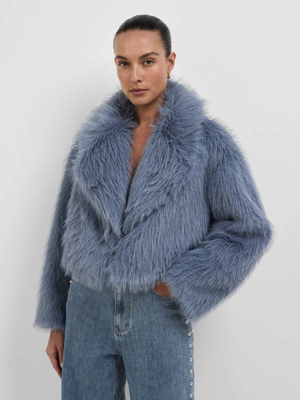 Size8 SHEIKE Alora Fur Jacket Blue 1008675 Close Up Image
