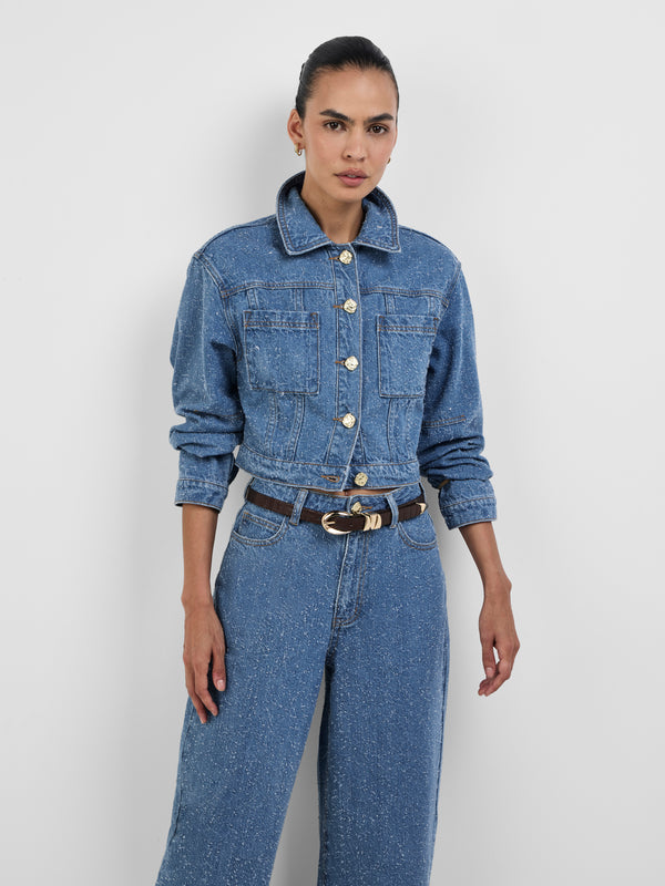 QUINN DENIM JACKET, close-up detail on size 8 model