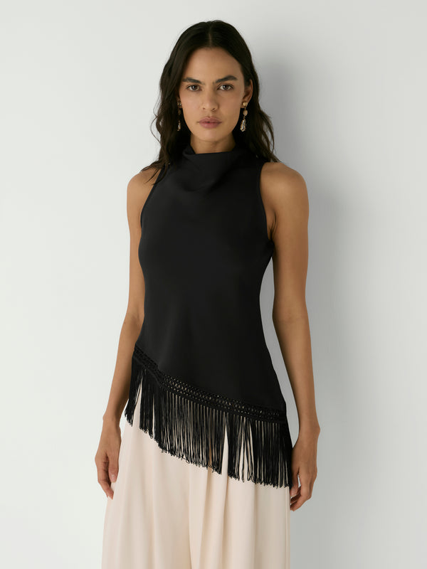 FRINGE HEM TOP, close-up detail on size 8 model