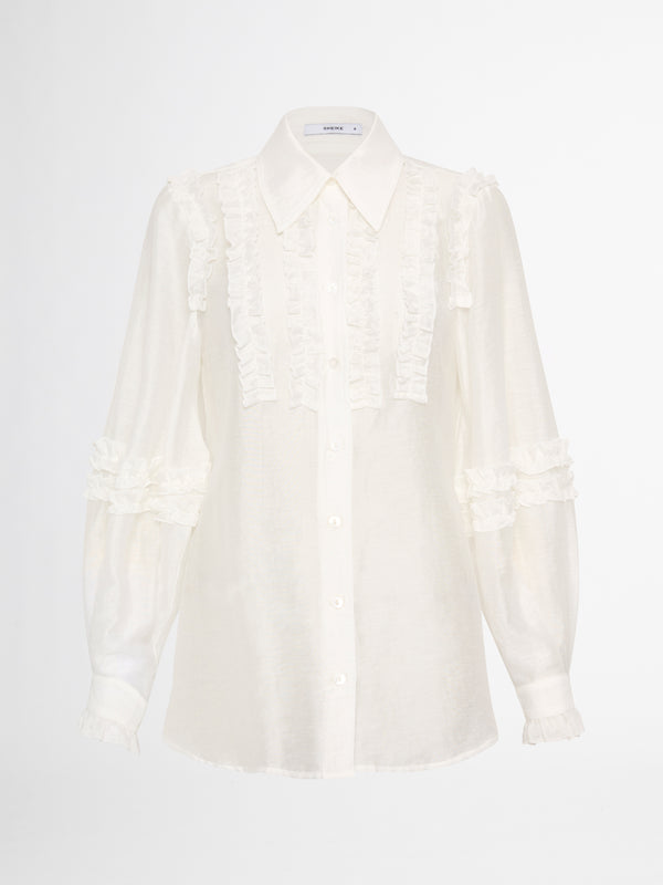 MYSTIQUE RUFFLE SHIRT IN WHITE GHOST IMAGE