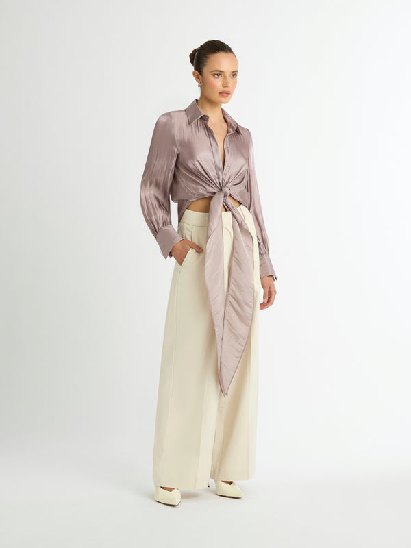 MERCURY FRONT TIE SHIRT IN MATALLIC TAUPE FRONT IMAGE TIED UP