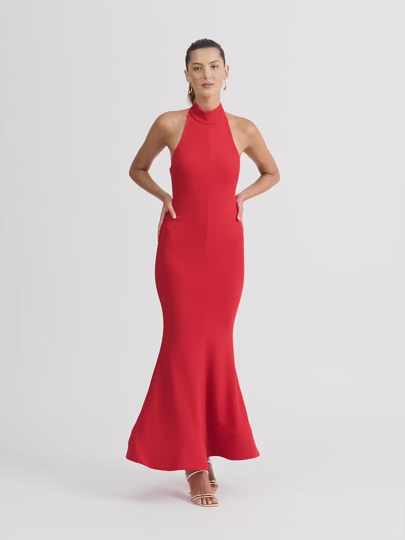 FORTUNE HALTER MAXI DRESS IN RED VIDEO