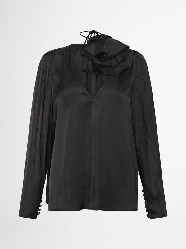 CARRIE LONG SLEEVE  BLOUSE WITH NECK ROSE TIE IN BLACK